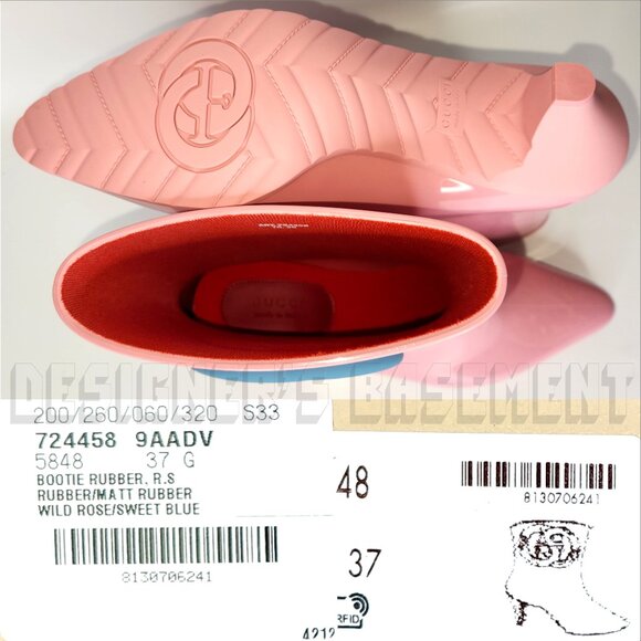 GUCCI 37 pink GENE blue Interlocking G logo rubber ankle RAINBOOT Booties 724458 - Picture 8 of 10